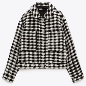 NWT Zara Houndstooth Tweed Wool Blend Blazer Jacket M Jewel Button Fall Workwear